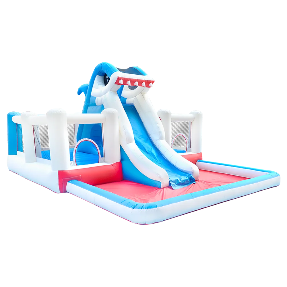 Shark White Net Wide Space Swimming Pool Backyard Huge Game Inflatable Water Slide Inflatable Castle Jumping Castle