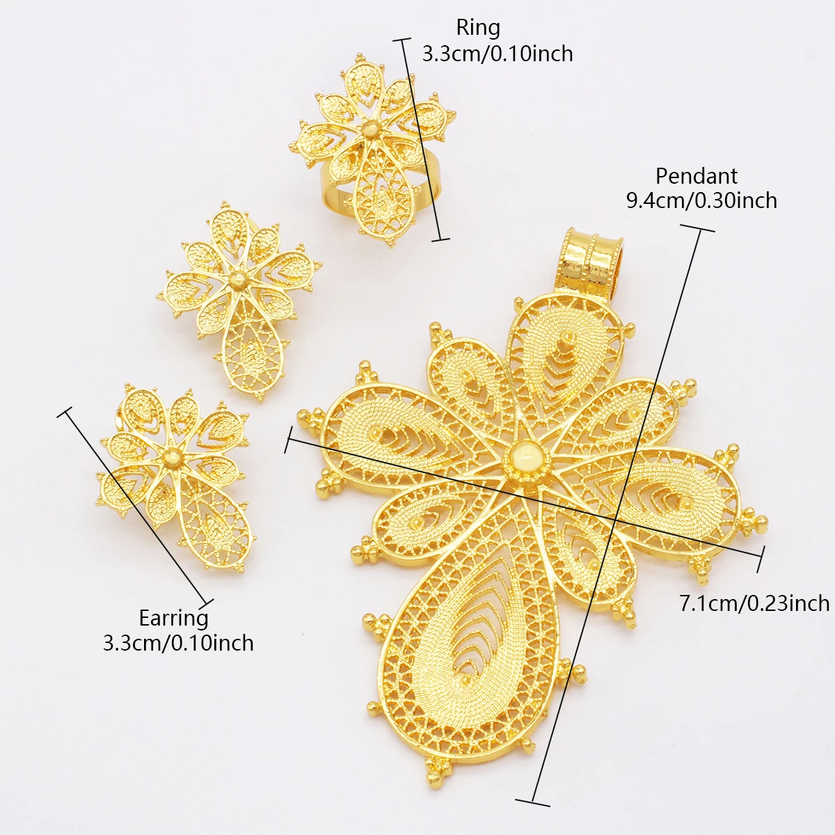 Ethiopian gold plated bridal Fine jewelry sets for women wedding Wife gifts Necklace Pendant Earrings ring jewellery set