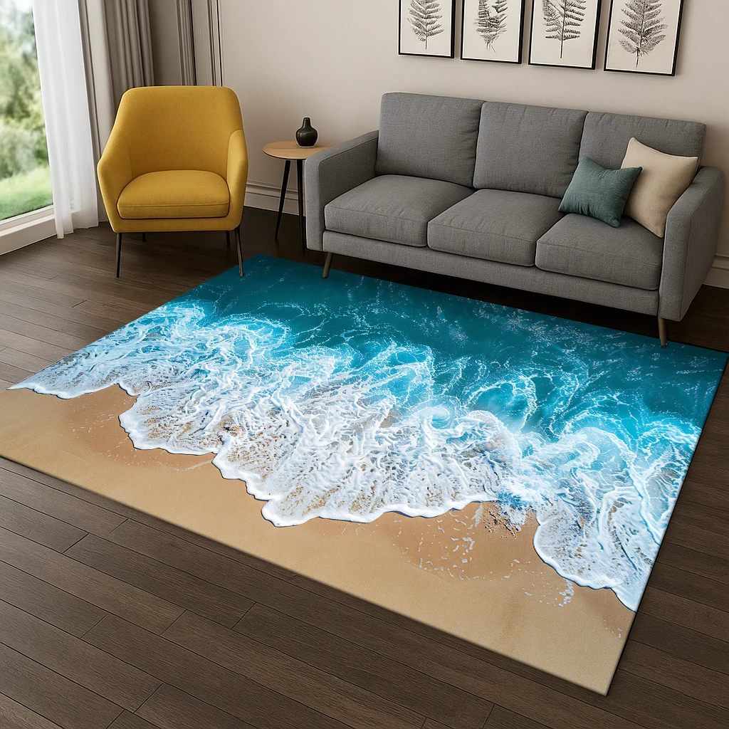 3D Ocean Waves Sea View Strandteppich Teppich für Schlafzimmer Wohnzimmer Sofa Fußmatte Home Kitchen Dekor, Kinderspiel rutschfeste Bodenmatte