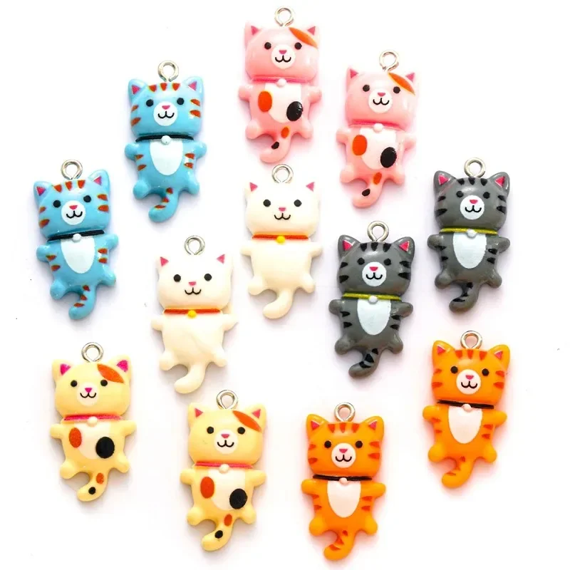 10Pcs Bulk 29x15mm Lovely Cartoon Cat Resin Pendants, Kawaii Animal Charms, DIY Handcraft Findings