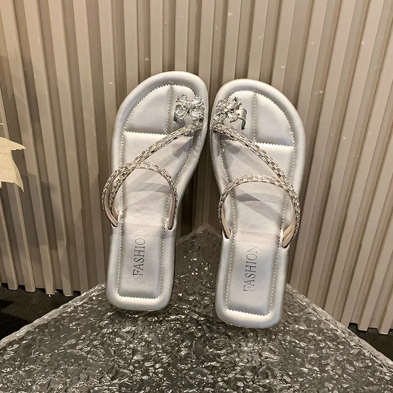 Zapatillas con purpurina para mujer, zapatos planos de goma sintética con tacón bajo de goma, tela Floral de cristal, para verano, 2024