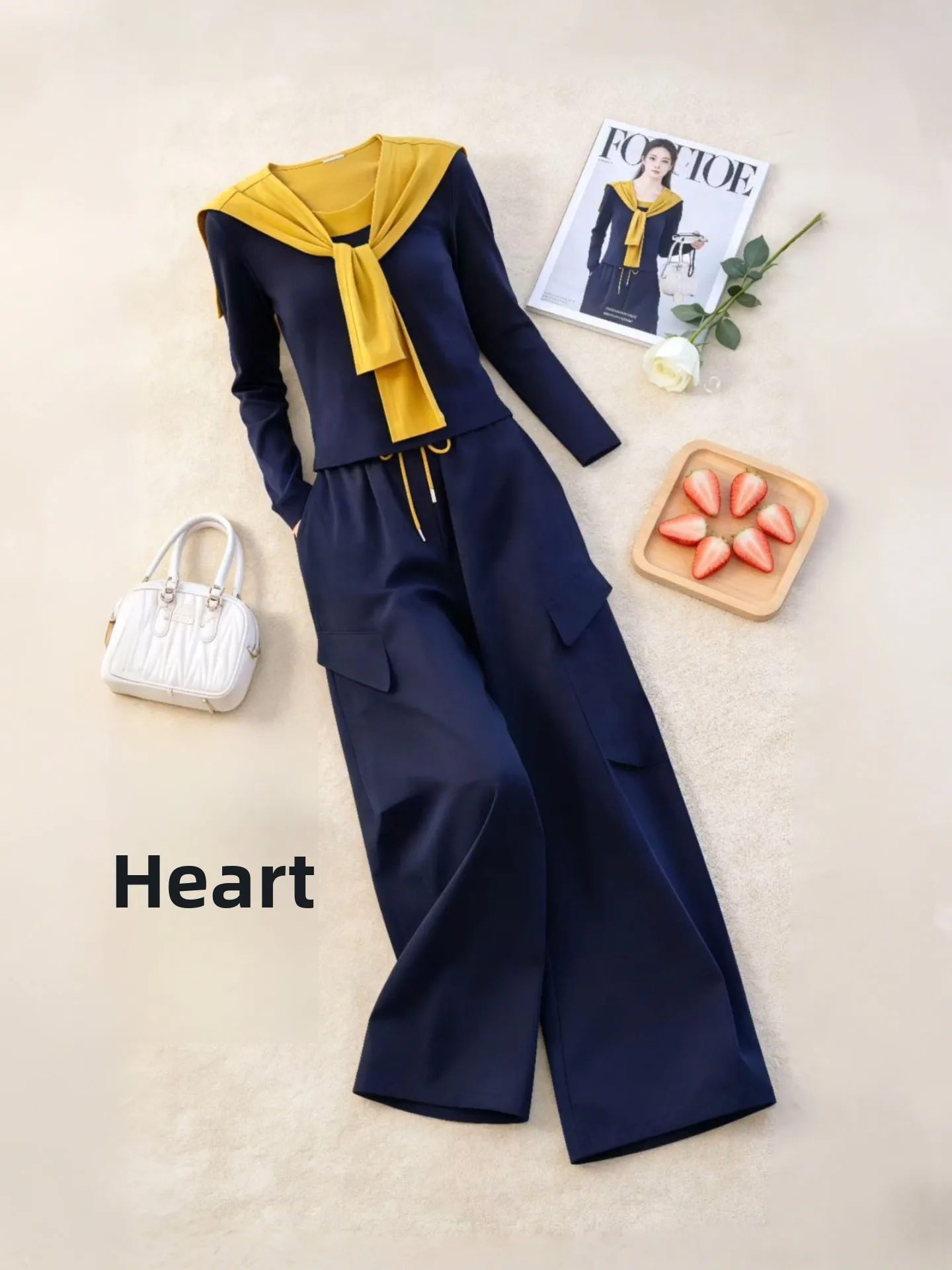 

Early Spring Fashionable Ladies' Set Beautiful Shoulder Shawl Top High Waist Slim Wide Leg Pants Two Piece Set Korean Style