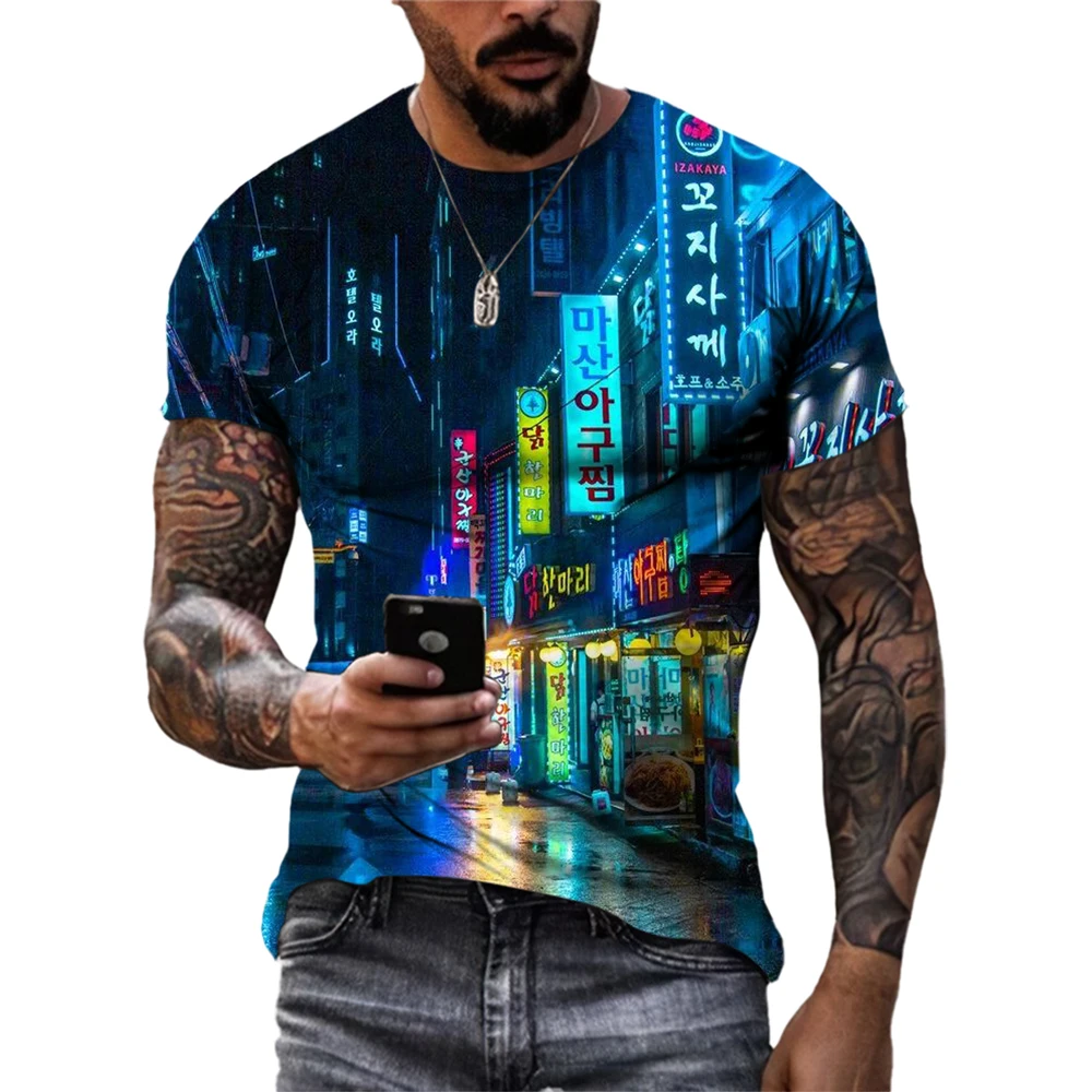 Summer Fashion Urban Street View graphic t shirts Men Trend Casual Personality 3D Printed Comfortable O-neck Short Sleeve Tees