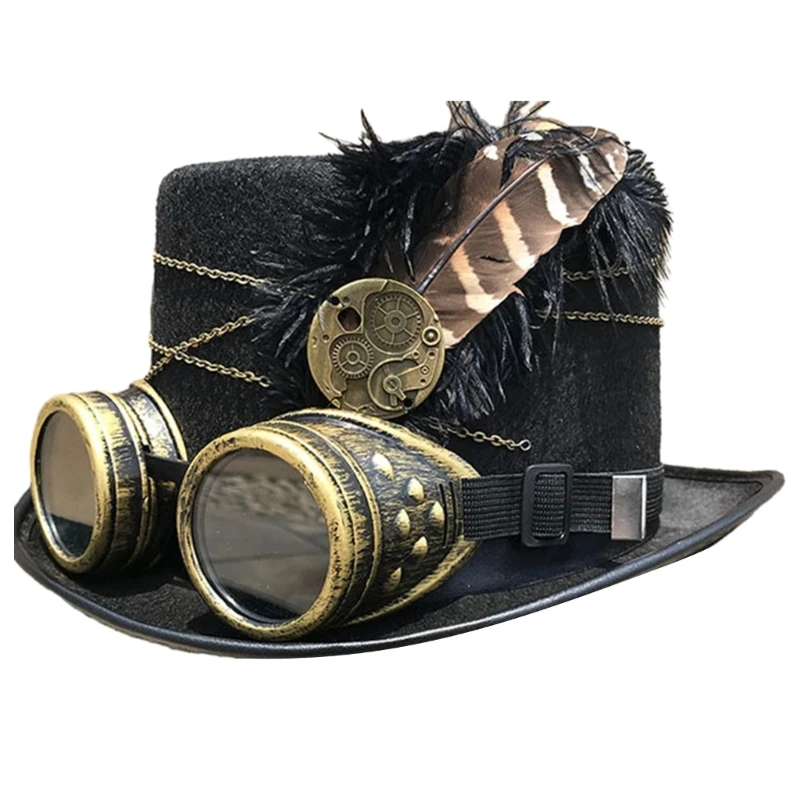 Steampunk Top Hat Wool Felt Victorian Hat with Goggles & Feather Unisex Costume Top Cap Gothic Hippies Cap Cosplay Props