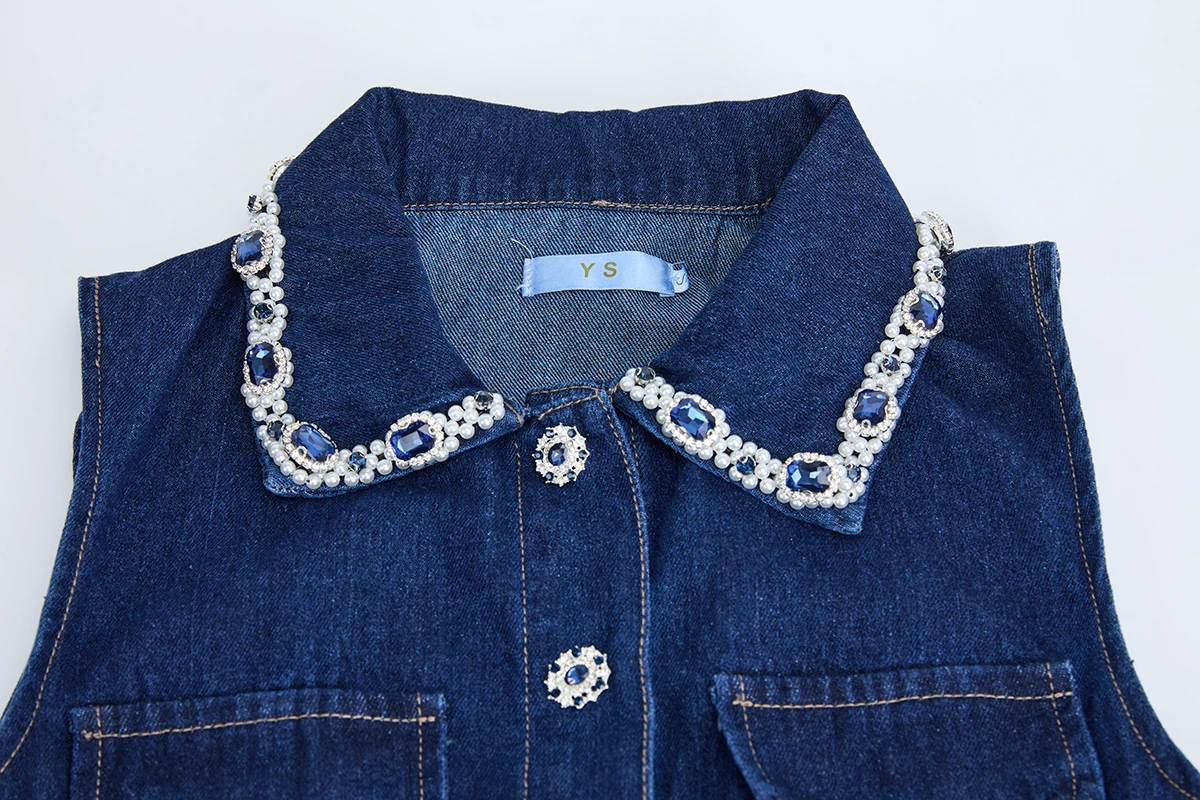 Luxe Diamond Crystal Kralen Prom Party Jurk voor Vrouwen Zoete Mouwloze Denim Tank Gewaad Single Breasted Ruches Mini Vestidos