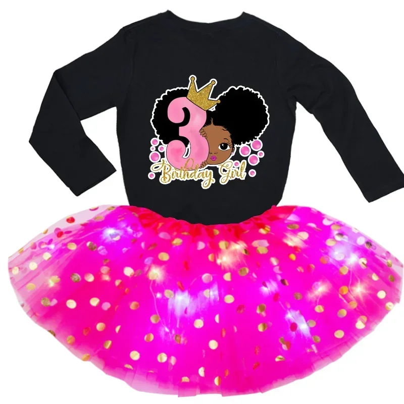 

Girls Black African Curly Hair Girls Dress Sequin Glow Set 2 Pc Light Dress+Long Sleeve T Shirt Kids Design Your Name and Number