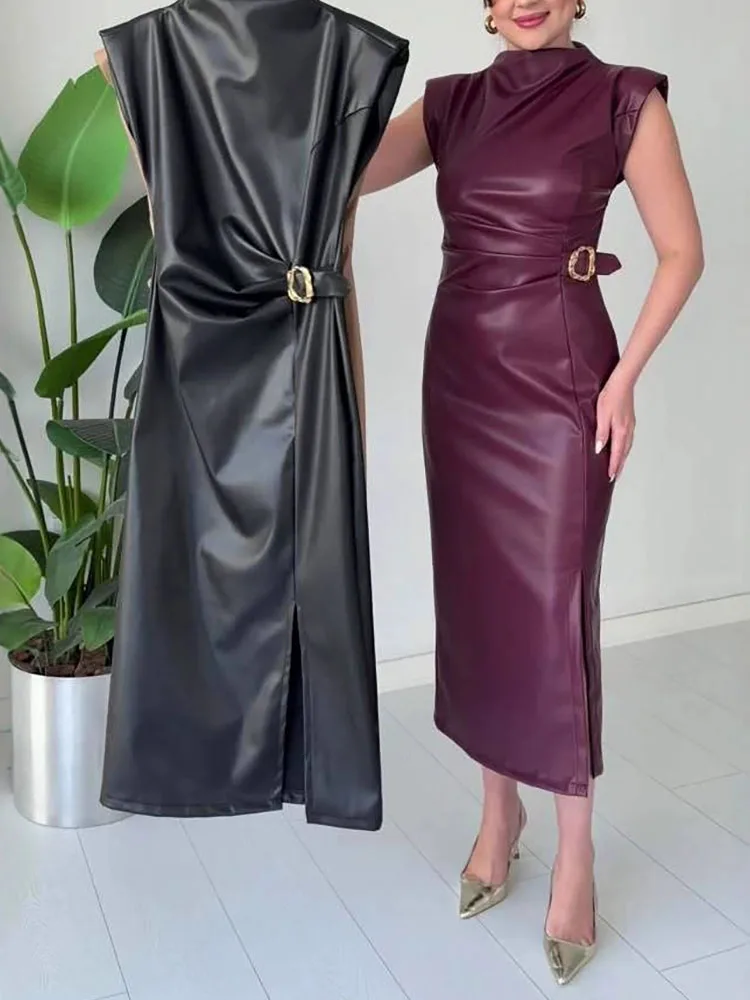 Basic casual commuting dress summer new long skirt temperament leather jacket waist cinched round neck dress