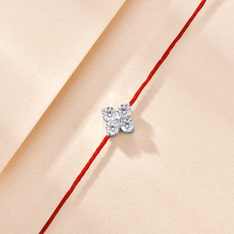 OXTAO Blue/Red String 925 Sterling Silver Flower Clover Bracelet Certified D VVS1 Moissanite Four-Leaf Bracelet Female Jewelry