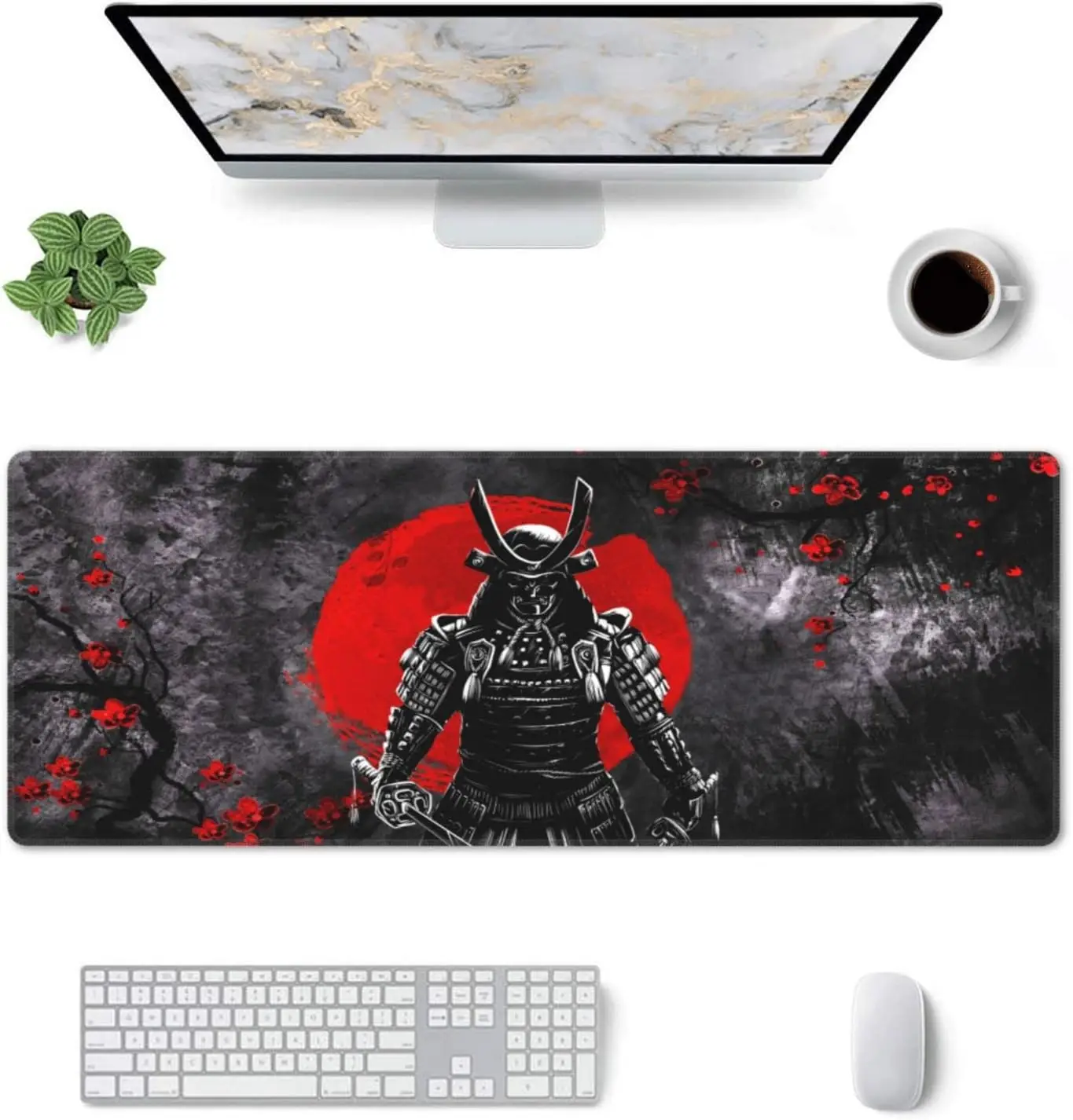 Japanese Sakura Samurai Gaming Mouse Pad 31.5 × 11.8 Inch Large Mouse Mat Non-Slip Rubber Desk Pad for Home Computer Office