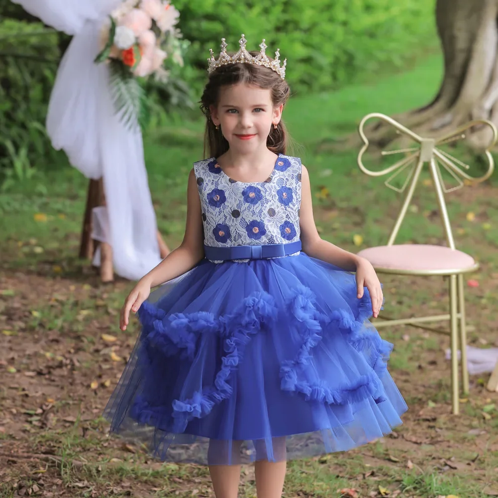Yellow Red Blue Sleeveless Tutu Princess Dress Piano Perform Wedding Cake Clothing 3 to 10yrs New Summer Kids Girl Party Dress