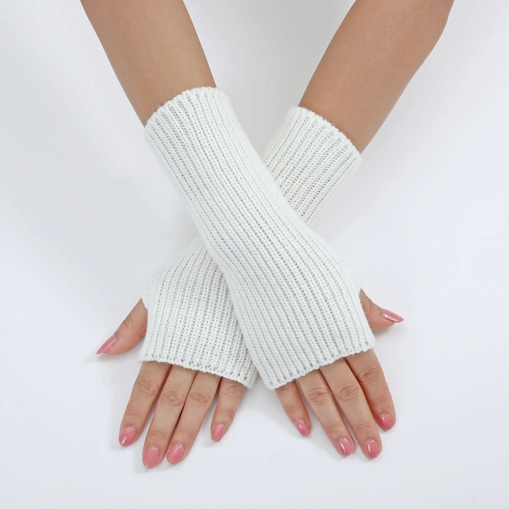 Women Half Finger Gloves Knitted Fingerless Gloves Solid Color Soft Arm Warmer Students Touch Screen Thick Arm Sleeves Mittens