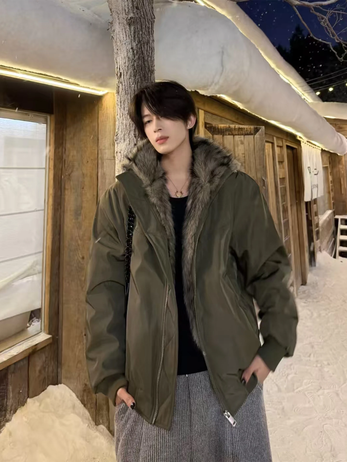 

Thiened Winter Cotton Jaet Men's Sle Military een Fur Collar Zipper Closure Warm Casual Long Sve Coat for Youth