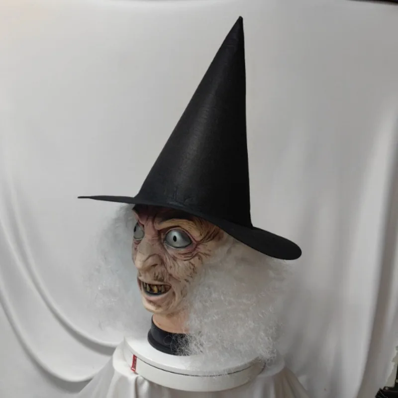 قناع الساحرة للسيدة العجوز مع شعر أبيض لحفلة الهالوين زي اللاتكس وحش ذو عيون كبيرة رجل عجوز للنساء قناع تنكر مخيف #3