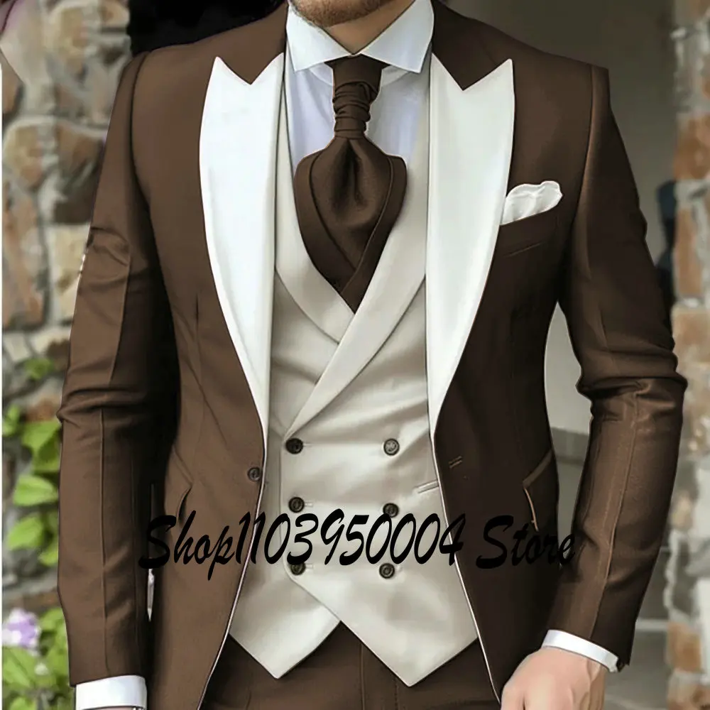 

Brown 3 Pieces Groom Wedding Suits For Men Blazer Sets Fashion Designs Business Jacket Ivory Vest Pants Dress Tuxedo