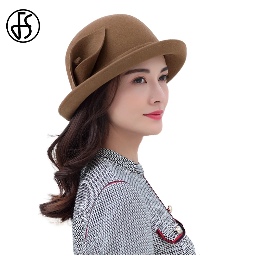 FS 2024 New Women Fedora Little Top Hats for Woman Ladies Bucket Cap Winter Fashion Female Wedding Woolen Camel Millinery