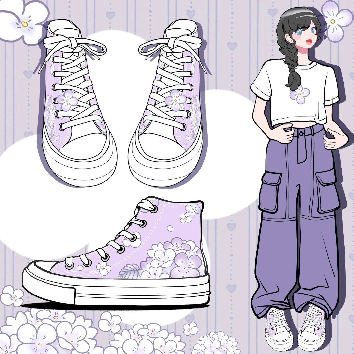 

Amy and Michael Fashion Trendy Women Sneakers Original Design Purple Floral Pattern Canvas Shoes High Top Vulcanized Shoes