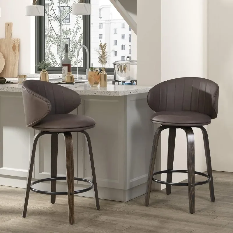 Modern Bar Stools Set of 2 Mid Bentwood Barstools Swivel Faux Leather Stools with Back for Kitchen Counter