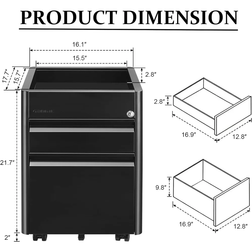 2 Drawer Mobile File Cabinet with Lock & Top Storage Shelf,  Anti-tilt Design Fully , Black freight free