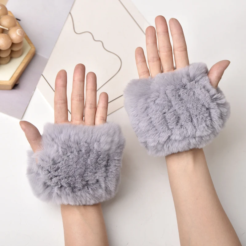 Women's Natural Rex Rabbit Fur Gloves Elastic Knitted Real Fur Mittens Winter Warm Wrist Guards with Exposed Fingers