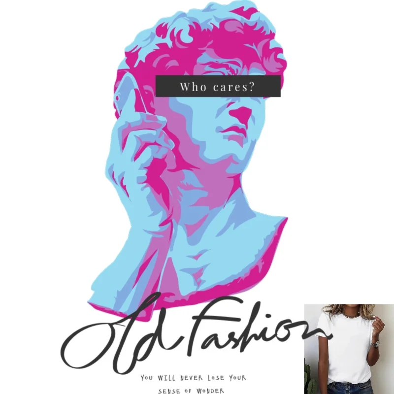 Retro Statue 'Who cares?' Printed Heat Transfer White Ink Iron - on - sticker, Suitable for T - shirts, Canvas Bags, etc.,
