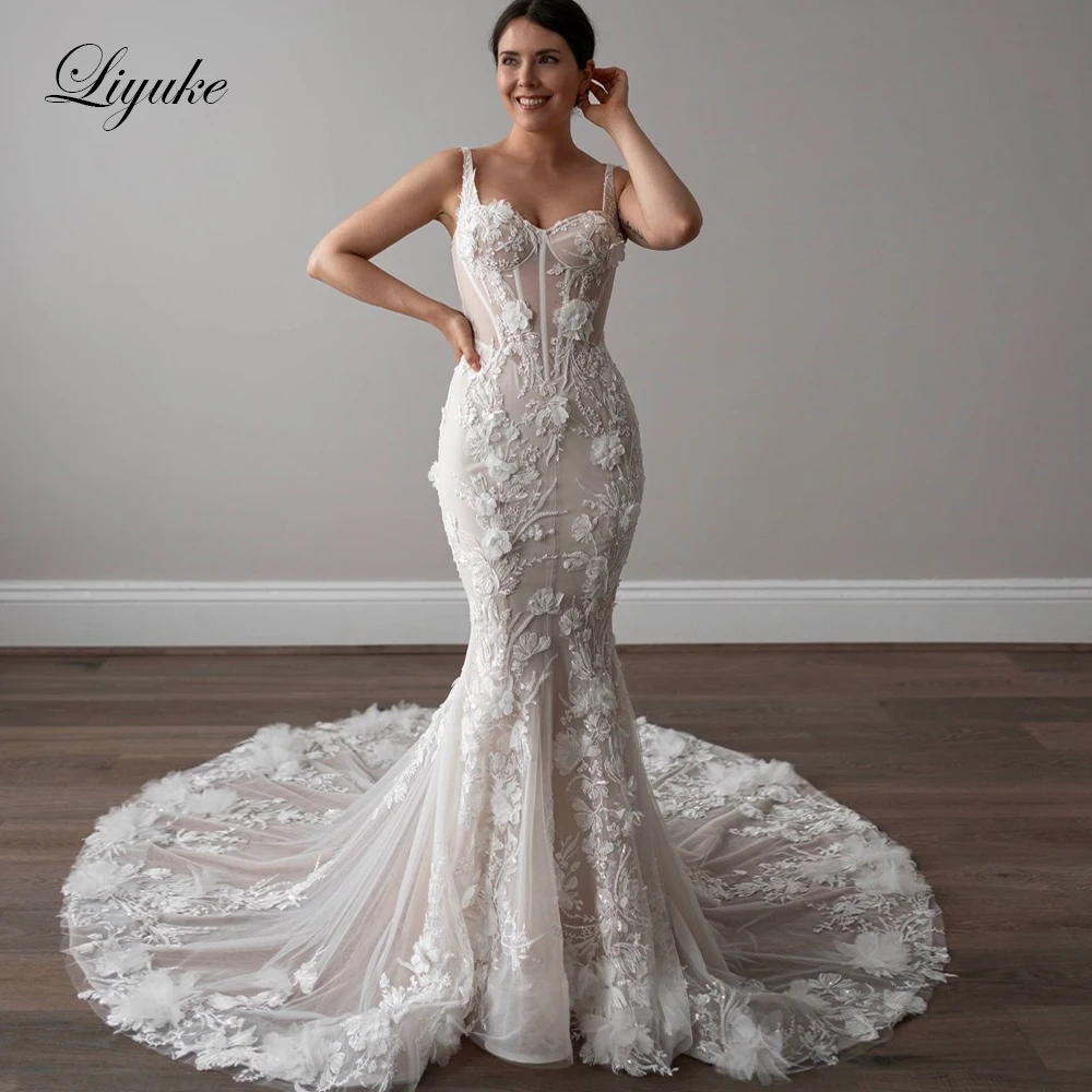 Liyuke Customize Alluring Beading 3D Appliques Flowers Mermaid Wedding Dresses Romantic Spaghetti Straps Sweetheart Bridal Gowns