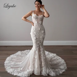 Liyuke Customize Alluring Beading 3D Appliques Flowers Mermaid Wedding Dresses Romantic Spaghetti Straps Sweetheart Bridal Gowns