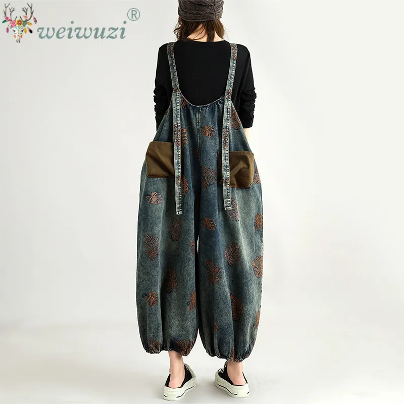 Women Vintage Floral Print Denim Jumpsuit Overalls Baggy Wide Leg Lantern Pants Y2K Two Way Wear Suspender Romper Dungarees