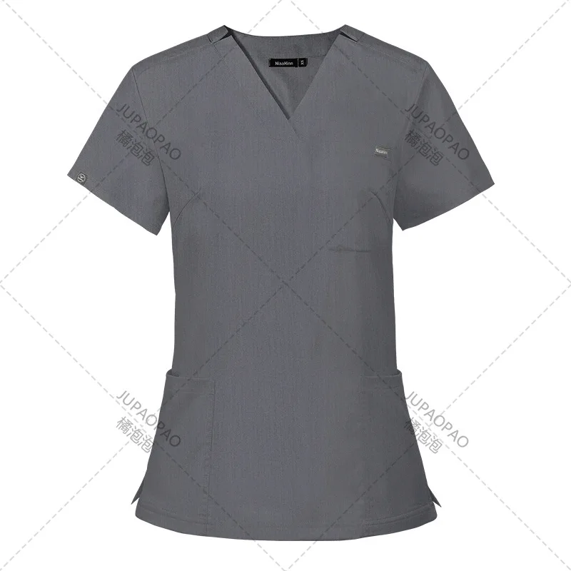 Vêtements générateurs élastiques haut de gamme, uniforme d'infirmière hospitalière à manches courtes, vêtements de salle d'opération pour femmes imbibés, vêtements de lavage des mains, col en V