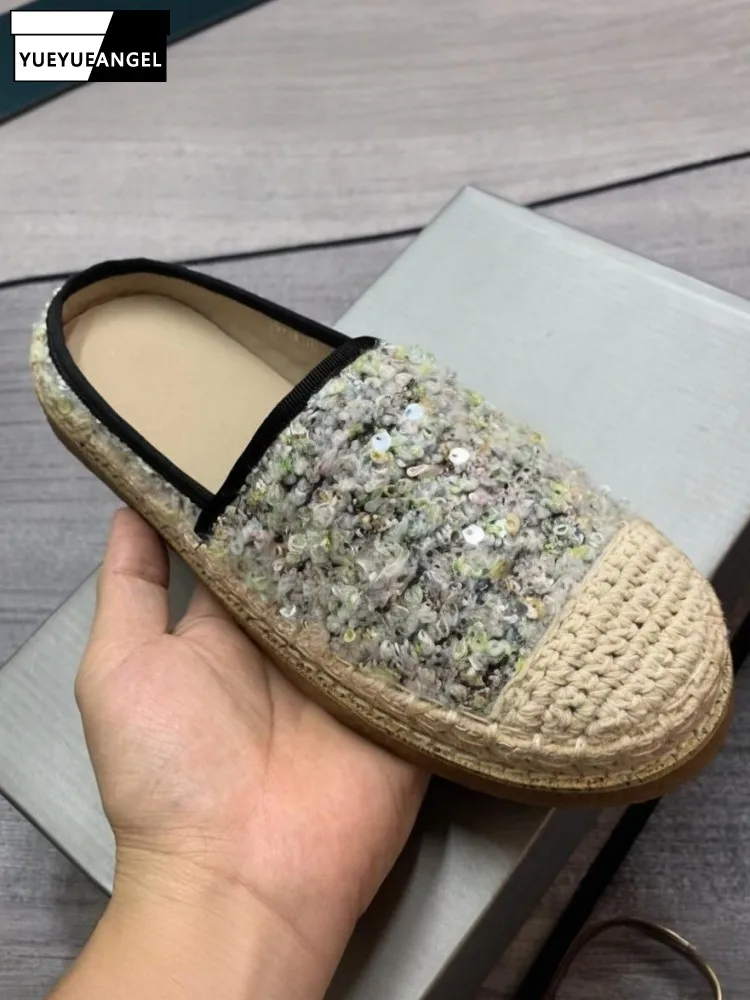 

Women Spring Summer Fashion Sequined Fishermans Shoes Outside Casual Mules Slippers Breathable Round Toe Slip On Ladies Slides