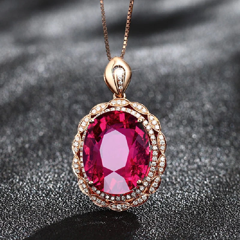 HuiSept Classic Silver 925 Necklace Jewelry Oval Shape Ruby Zircon Gemstones Pendant Rose Gold Ornament Wedding Party Wholesale