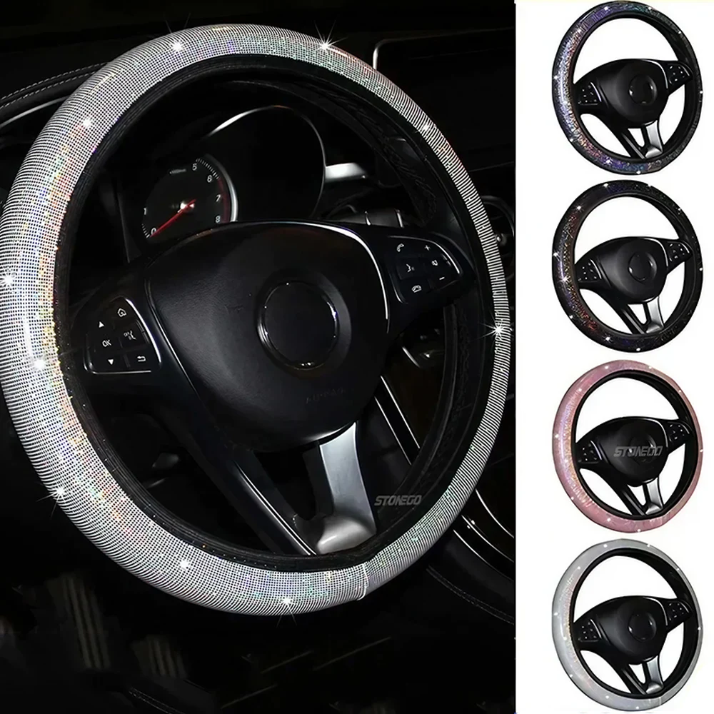 Rhinestone Crystal Car Steering Wheel Cover, PU Leather, Fits Car Accessories and Car Styling, Enhances Luxury and Comfort