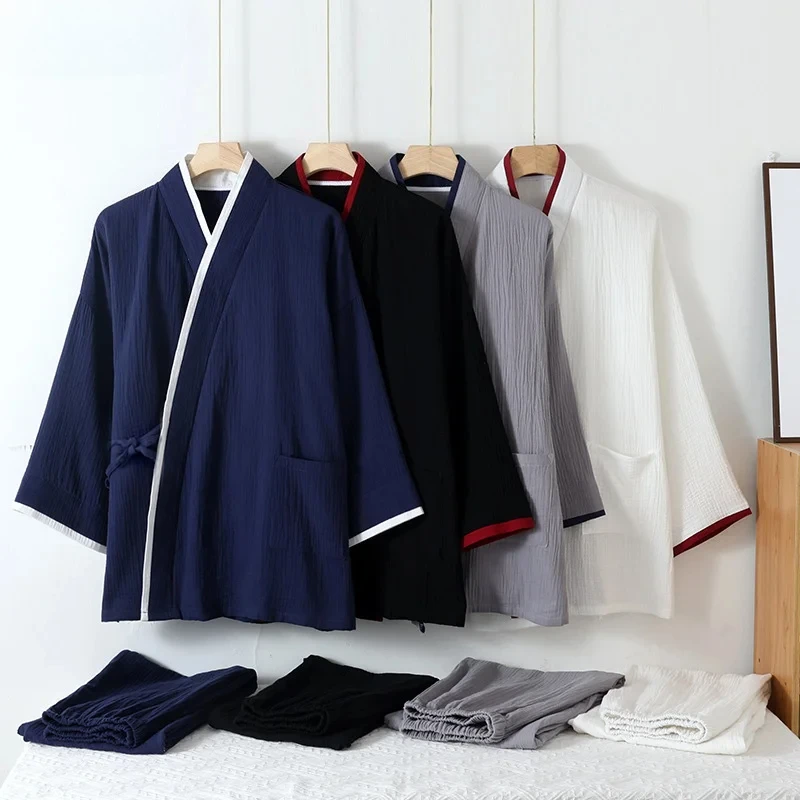 

Мужской японский креповый пижамный комплект-кимоно, хлопковый тонкий топ на шнуровке + брюки, свободная домашняя одежда из двух предметов на весну и осень