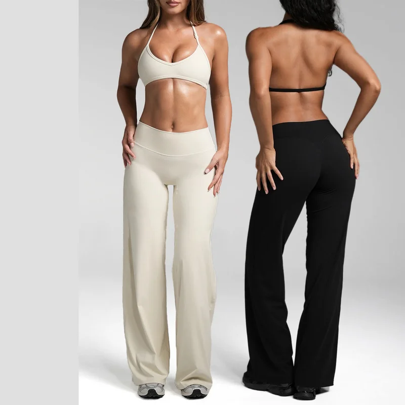 Halter Neck Sports Bra Yoga Set For Women Push Up Bra High Waist Wide Leg Leggings Fitness Workout 2 Piece Active Outfit