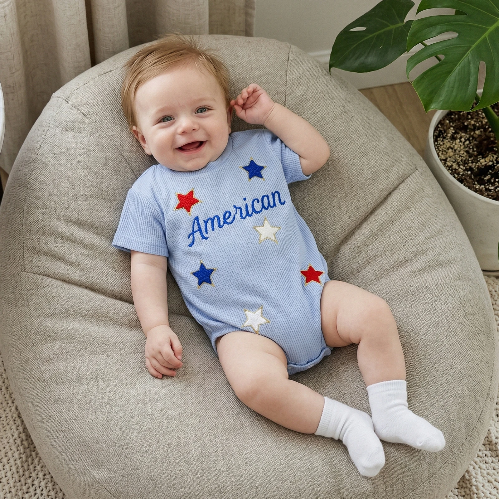 Baby Boys 4th of July Romper Letter Star/Flag Embroidery Crew Neck Short Sleeve Infant Independence Day Bodysuits Jumpsuits