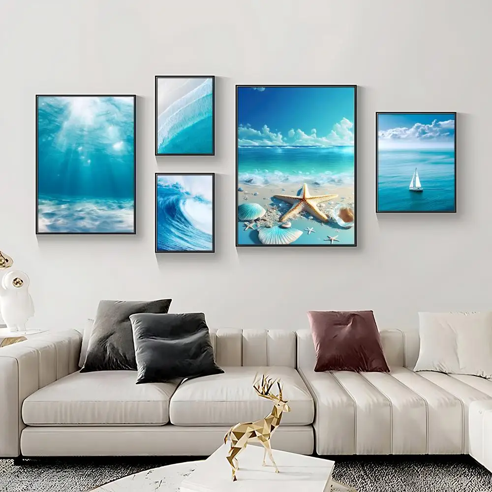 Ocean Waves Poster HD Self-Adhesive Waterproof Frameless Wall Art for Home Office Dorm Bedroom Ideal Gift