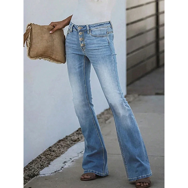 Nieuwe Lente Zomer Dames Jeans Retro Afslanken Multi Button Hoge Taille Lichte Flare Broek Gewassen Casual Wome Jeans TC08324