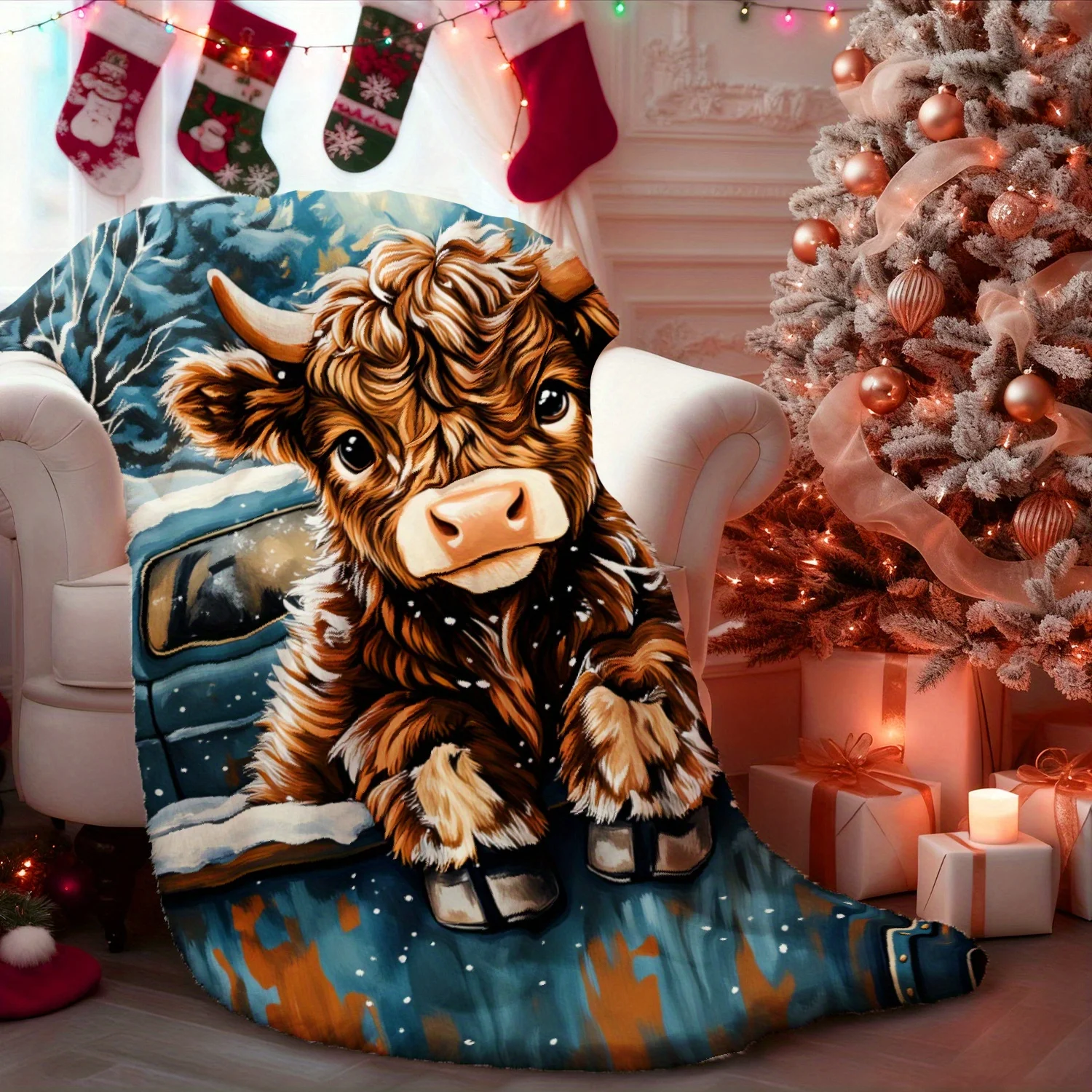 Highland Cow with Snow Cedar and Scottish Landscape Print Decorative Throw Blanket for Sofa, Bed, Home Decor, and Camping