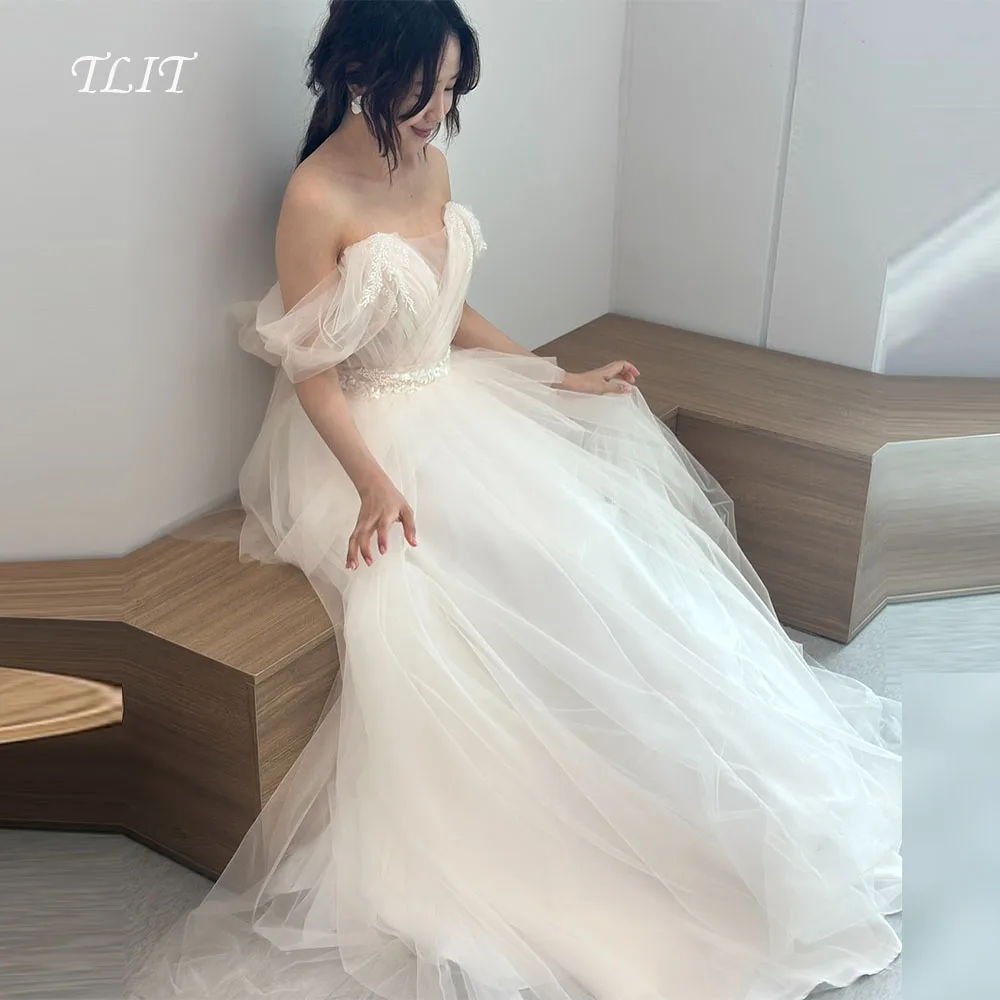 TLIT 우아한 흰색 실크 Tulle 웨딩 드레스 v 넥 댄스 파티 드레스 한국 신부 드레스 사진 촬영 맞춤형 오프 숄더 가운