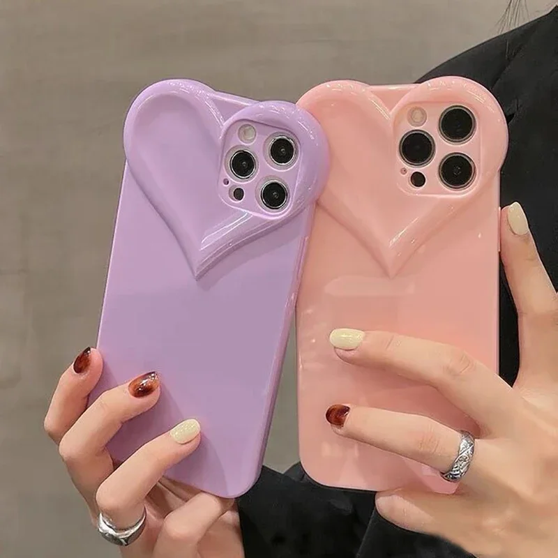 3D Candy Color Cute Love Heart Phone Case For iPhone 11 12 13 14 Pro Max X XR XS 7 8 Plus Plain Soft Shockproof Back Cover Case