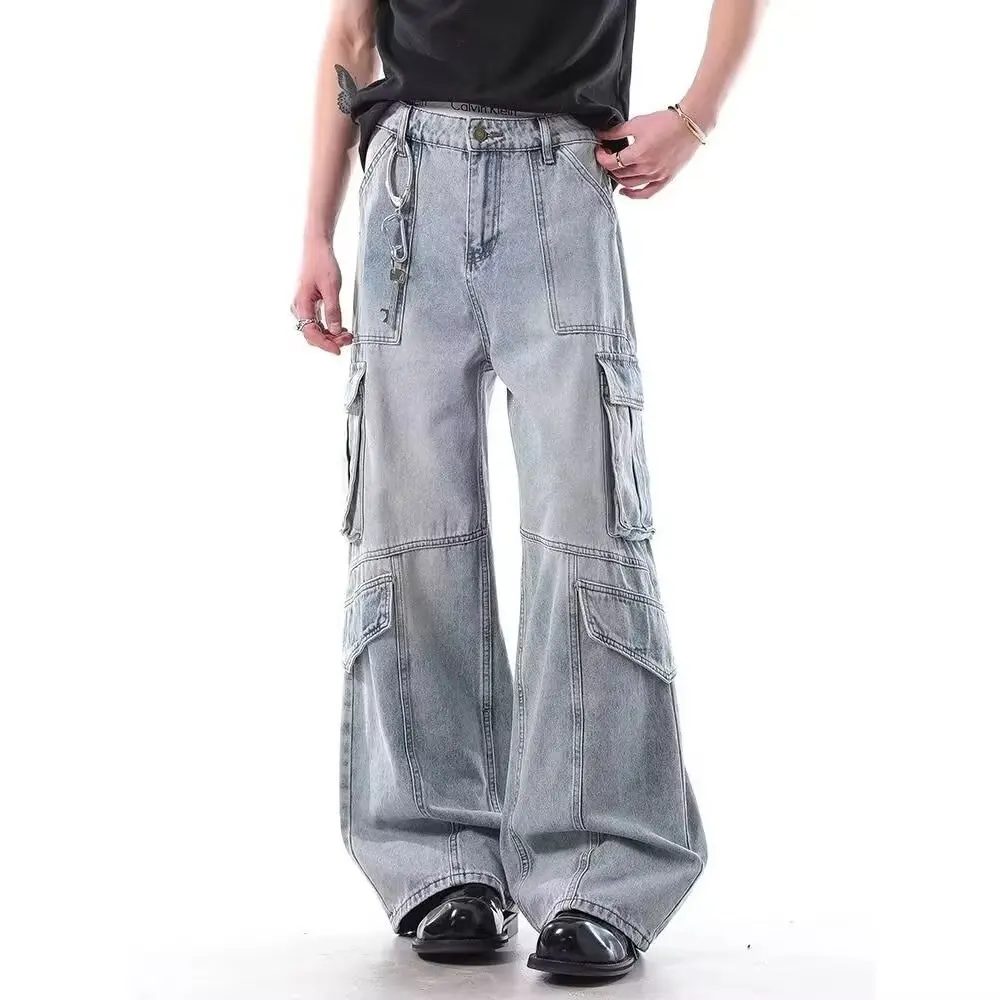 

American High Street Workwear Jeans Loose Floor-Length Wide Leg Multi-ket Men's Women's Straight Cut Trousers