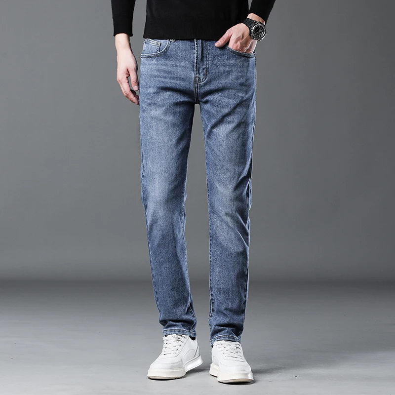 2024 fall and winter thick section of men's jeans fashion straight elastic large size loose business casual long pants