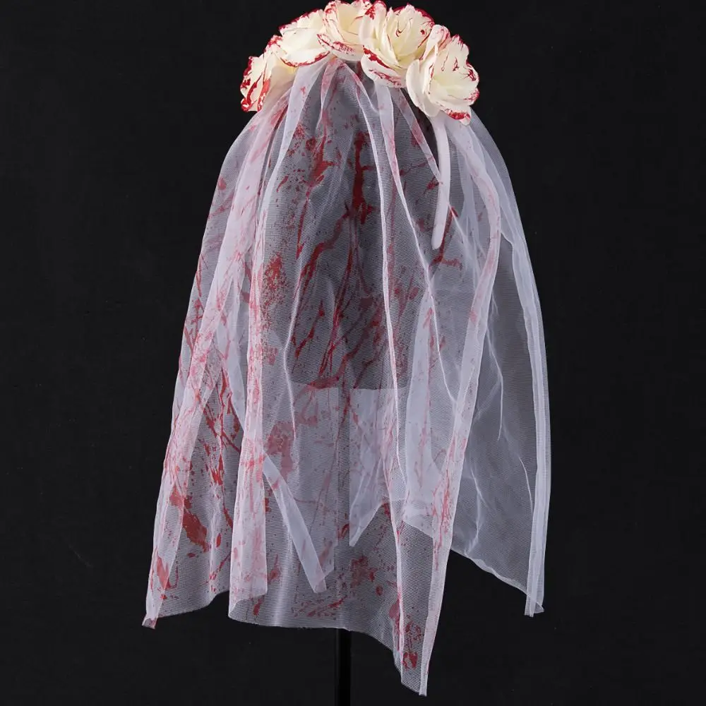Rose Flower Halloween Bridal Headdress Blood Mesh Women Hair Hoop Cosplay Costume Headband Halloween Hairband Mask Set Party