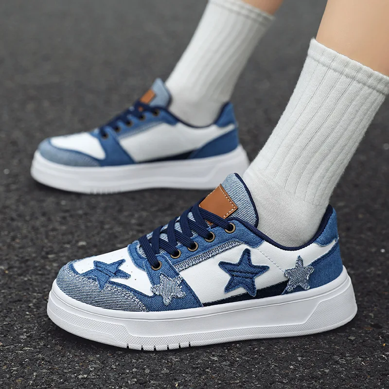 Denim White Patchwork Star Decor Platform Sneakers Lace Up Non Slip Casual Street Style Skate Board Shoes