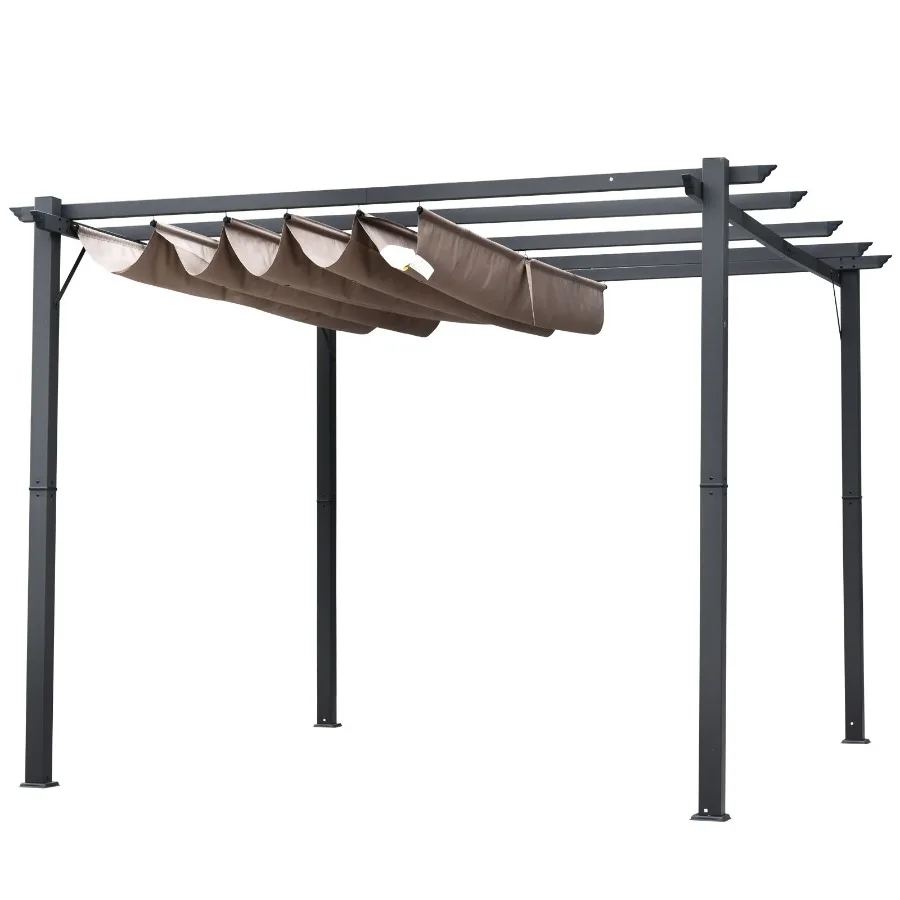 

10x10 ft atio Pergola with Retractable Canopy Grey Backyard Shade Shelter