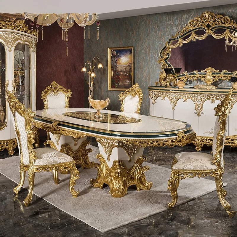 High-end Royal Luxury Dining Room Furniture Sets Customized Classical Wooden Gold-leaf Dining Tables