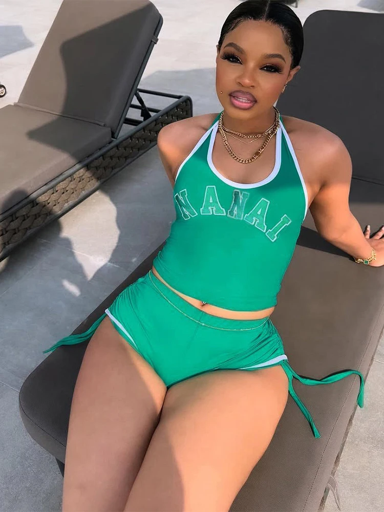 

kliou Casual Summer Women 2 Piece Set New Tracksuits Letter Print Halter Backless Tanks+Bandag Slim Shorts Female Active Outfits