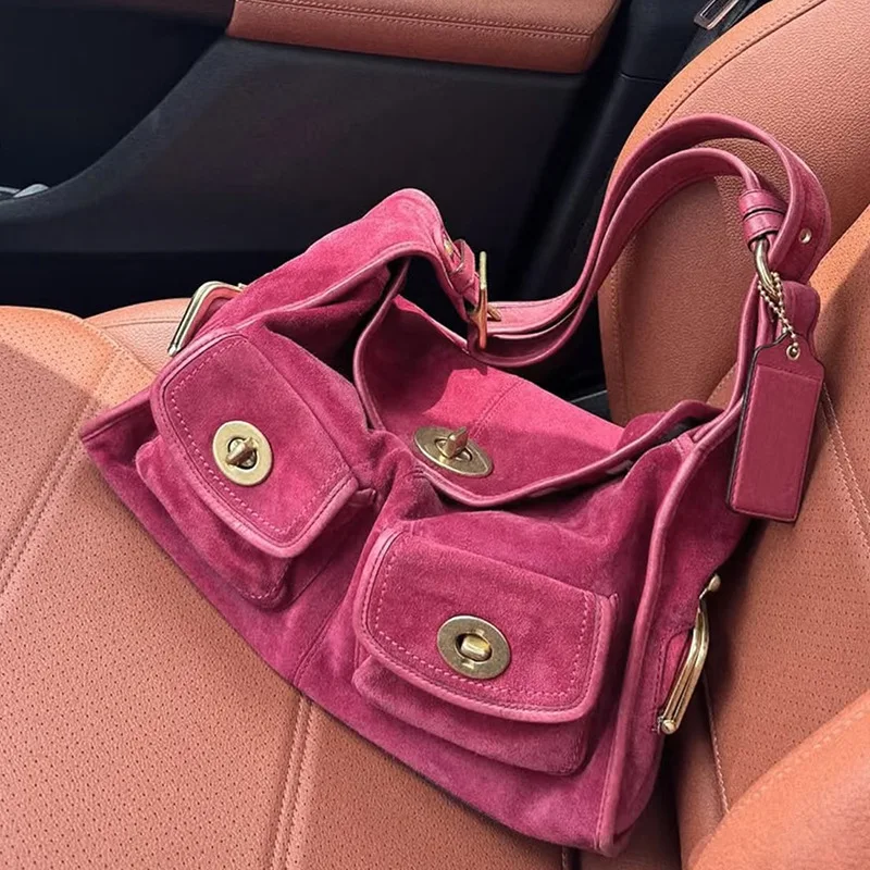 ヴィンテージスエードショルダーバッグカジュアル通勤ピローバッグシングルショルダークロスボディバッグスタイルマルチポケット大容量トートバッグ