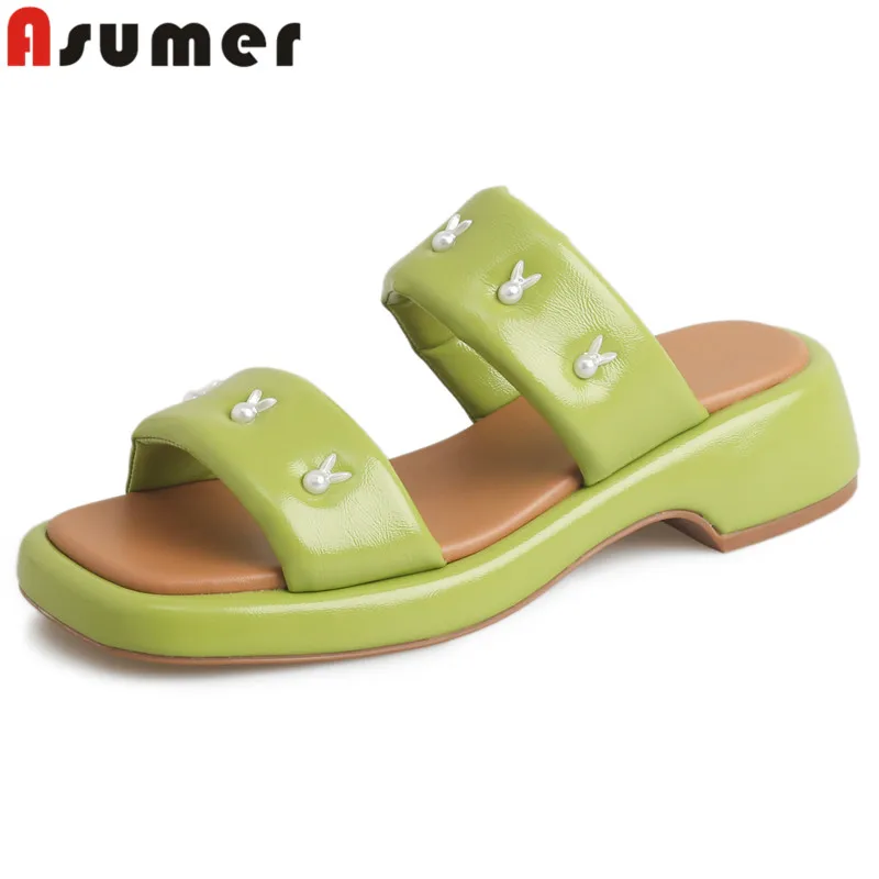 

ASUMER 2024 New Microfiber String Bead Slippers Ladies Summer Casual Platform Shoes Square Med Heels Women's Slippers