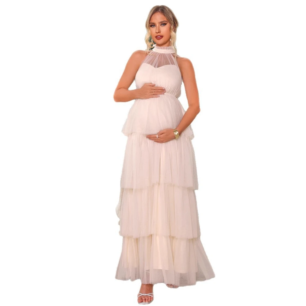 

Maternity Evening Dresses A Line V Neck Sleeveless Long Dress Maternity Lace Mesh High Neck Layered Ball Gown Pregnant Dress