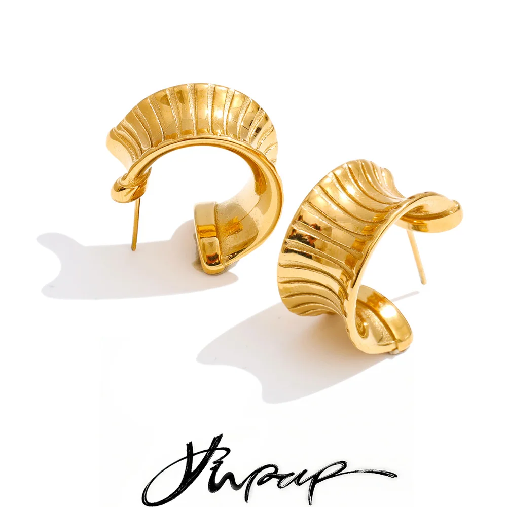 Yhpup Daily Stainless Steel Striped C-Shape Huggie Earrings Temperament Versatile Wear Fashion Jewelry 18K Golden PVD Plated New